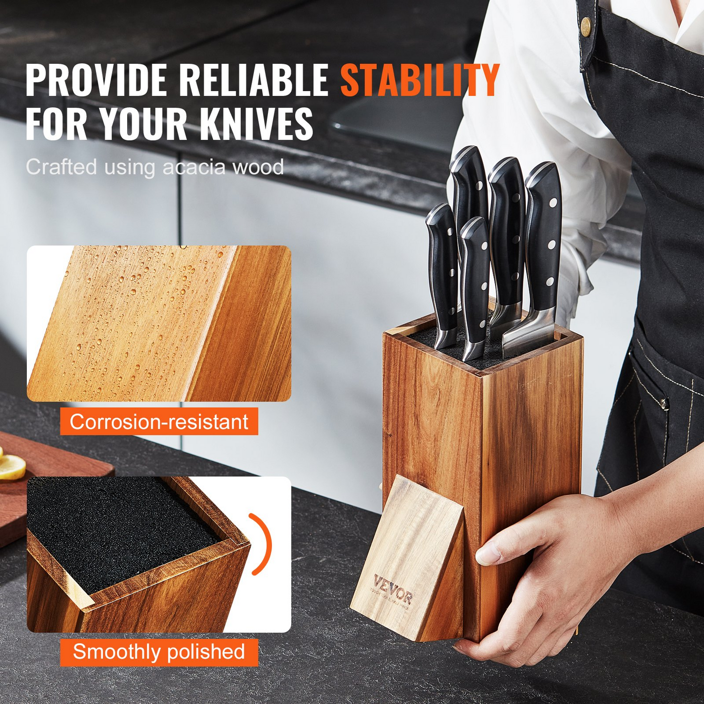 VEVOR Universal Knife Holder, Acacia Wood Knife Block Without Knives, Extra Large Knife Storage Holder Stand with PP Brush, Multifunctional Wooden Knife Organizer, Knife Rack for Kitchen Counter