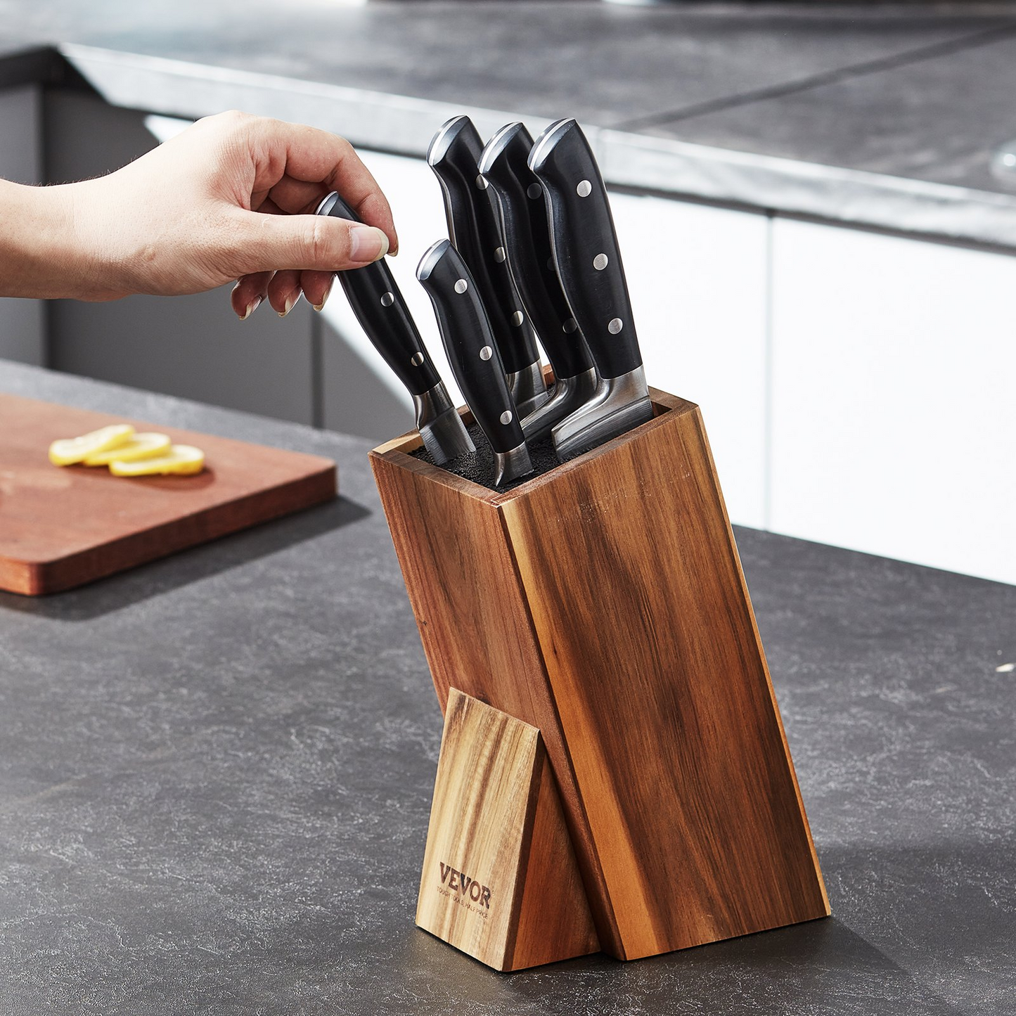 VEVOR Universal Knife Holder, Acacia Wood Knife Block Without Knives, Extra Large Knife Storage Holder Stand with PP Brush, Multifunctional Wooden Knife Organizer, Knife Rack for Kitchen Counter