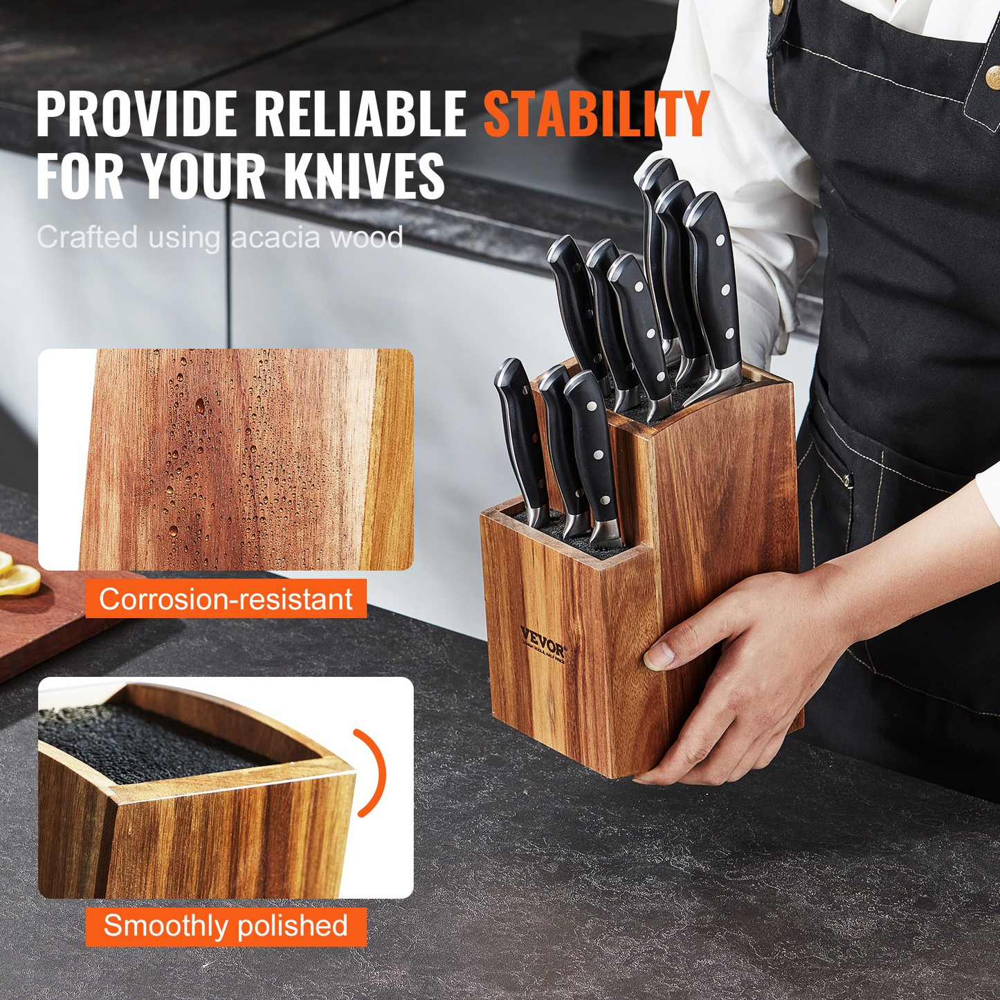 VEVOR Universal Knife Holder, Acacia Wood Knife Block Without Knives, Two-Tier Knife Storage Stand with PP Brush, Extra Large Multifunctional Wooden Knife Organizer, Knife Rack for Kitchen Counter