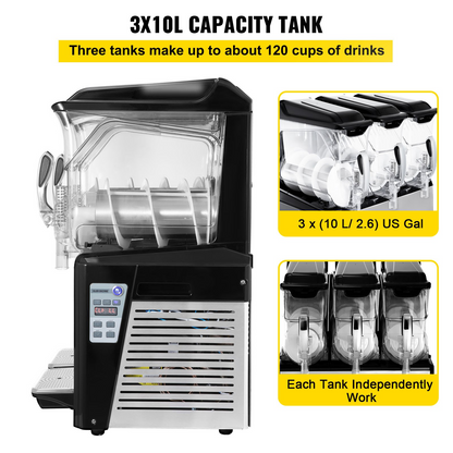 VEVOR 110V Slushy Machine 30L Triple Bowl Margarita Frozen Drink Maker 800W Automatic Clean Day and Night Modes for Supermarkets Cafes Restaurants Snack Bars Commercial Use