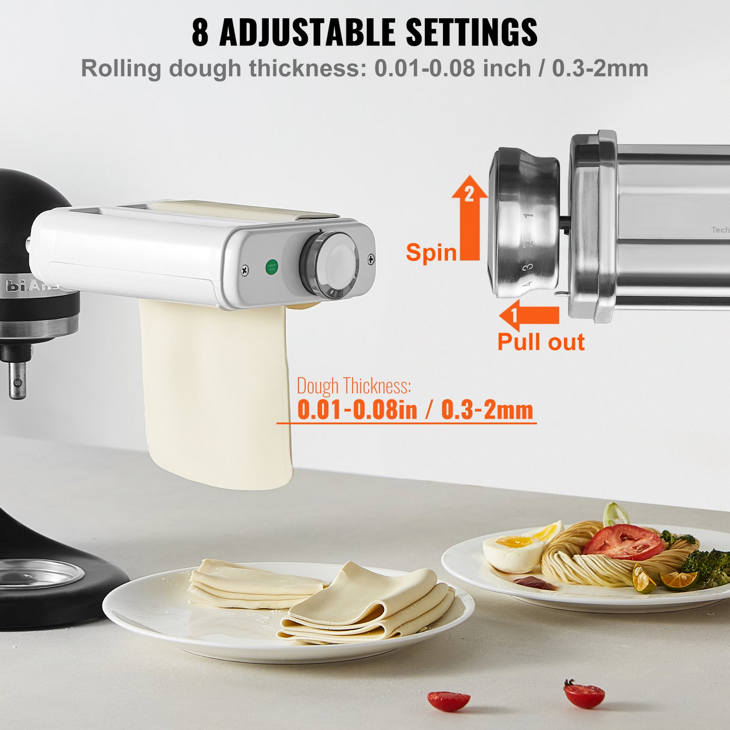 VEVOR Pasta Attachment for KitchenAid Stand Mixer, 3-IN-1 Stainless Steel Pasta Roller Cutter Set Including Pasta Sheet Roller, Spaghetti and Fettuccine Cutter, 8 Adjustable Thickness Knob Pasta Maker