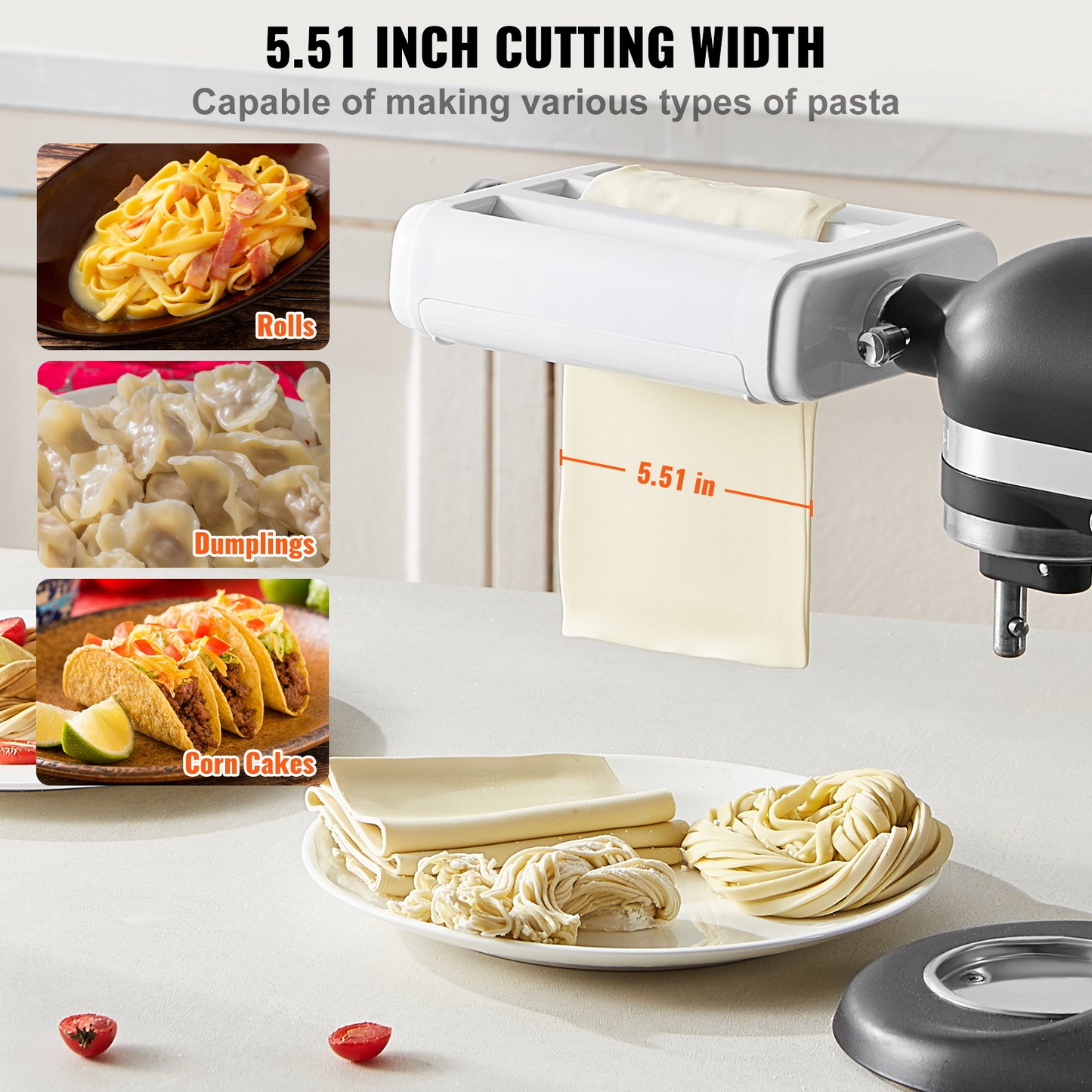 VEVOR Pasta Attachment for KitchenAid Stand Mixer, 3-IN-1 Stainless Steel Pasta Roller Cutter Set Including Pasta Sheet Roller, Spaghetti and Fettuccine Cutter, 8 Adjustable Thickness Knob Pasta Maker