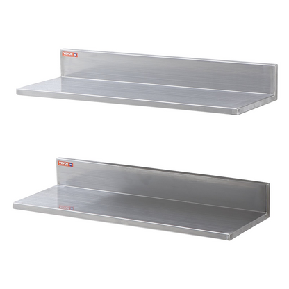 VEVOR 8.6" x 24" Stainless Steel Shelf, Wall Mounted Floating Shelving with Backsplash, 44 lbs Load Capacity Commercial Shelves, Heavy Duty Storage Rack for Restaurant, Kitchen, Bar, Home, and Hotel (2 Packs)