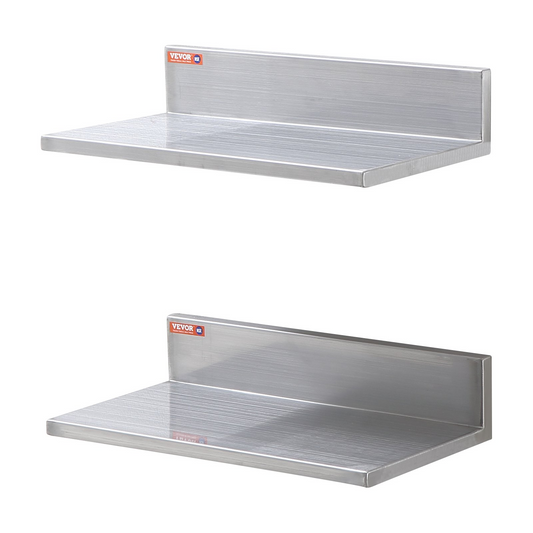 VEVOR 8.6" x 16" Stainless Steel Shelf, Wall Mounted Floating Shelving with Backsplash, 44 lbs Load Capacity Commercial Shelves, Heavy Duty Storage Rack for Restaurant, Kitchen, Bar, Home, and Hotel (2 Packs)