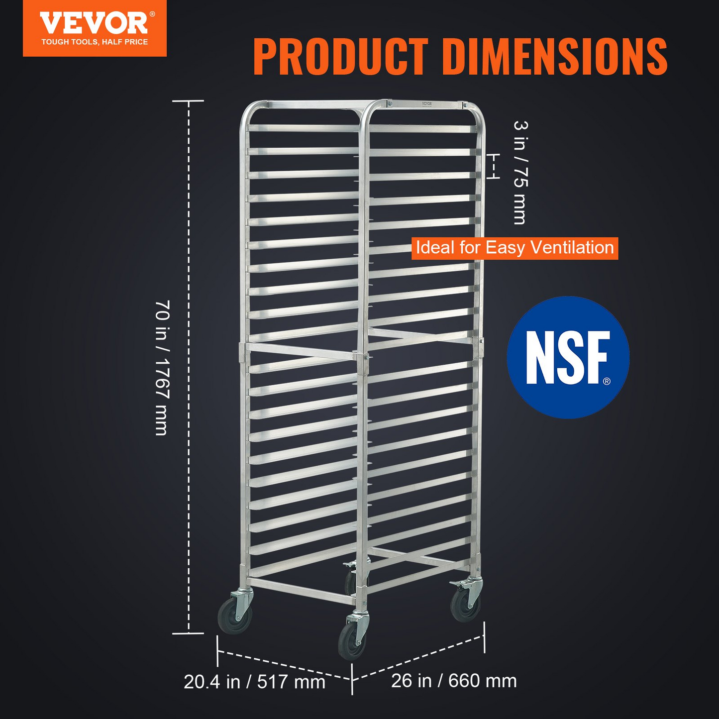 VEVOR Bun Pan Rack, 20-Tier Commercial Bakery Racks with Brake Wheels, Aluminum Racking Trolley Storage for Half & Full Sheet, Speed Rack For Kitchen Home, Bread Baking Equipment, 26"L x 20.4"W x 70"H