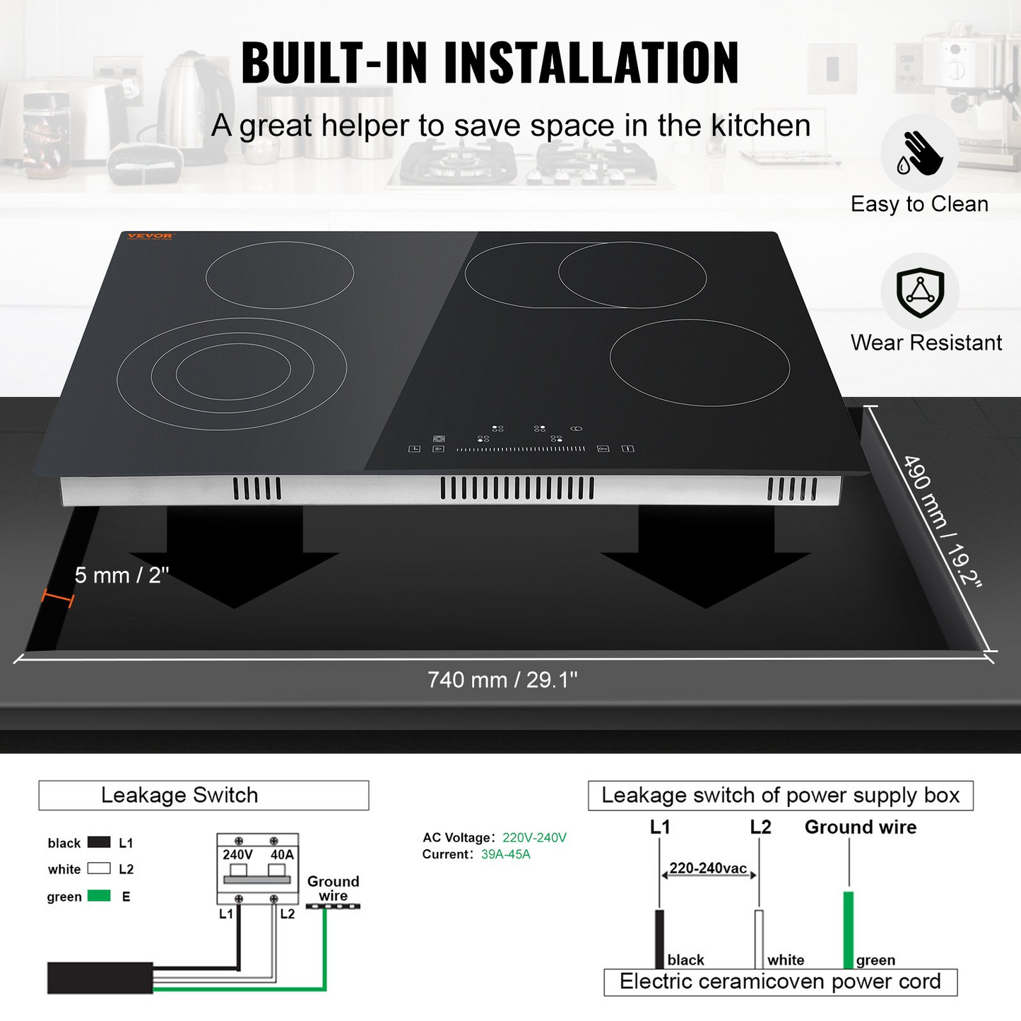 VEVOR Built in Electric Stove Top, 30.3 x 20.5 inch 4 Burners, 240V Glass Radiant Cooktop with Sensor Touch Control, Timer & Child Lock Included, 9 Power Levels for Simmer Steam Slow Cook Fry