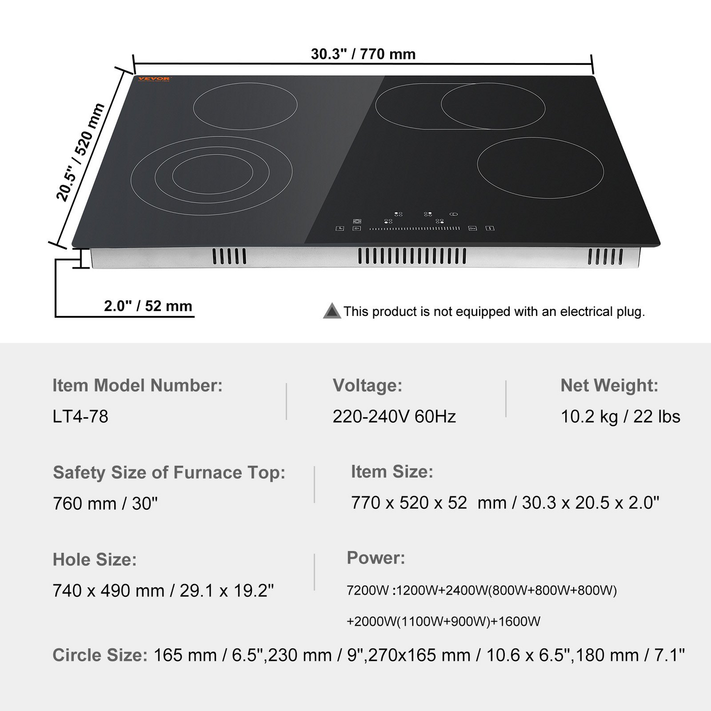 VEVOR Built in Electric Stove Top, 30.3 x 20.5 inch 4 Burners, 240V Glass Radiant Cooktop with Sensor Touch Control, Timer & Child Lock Included, 9 Power Levels for Simmer Steam Slow Cook Fry