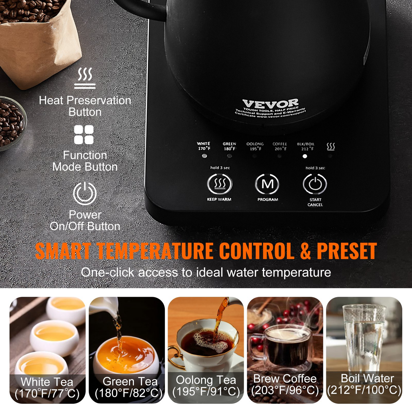 VEVOR Electric Gooseneck Kettle 1L, Temperature Control Pour Over Coffee Kettle with 5 Variable Presets, 304 Food Grade Stainless Steel Hot Water Tea Boiler & Boil-Dry Protection, Keep Warm, 1200W