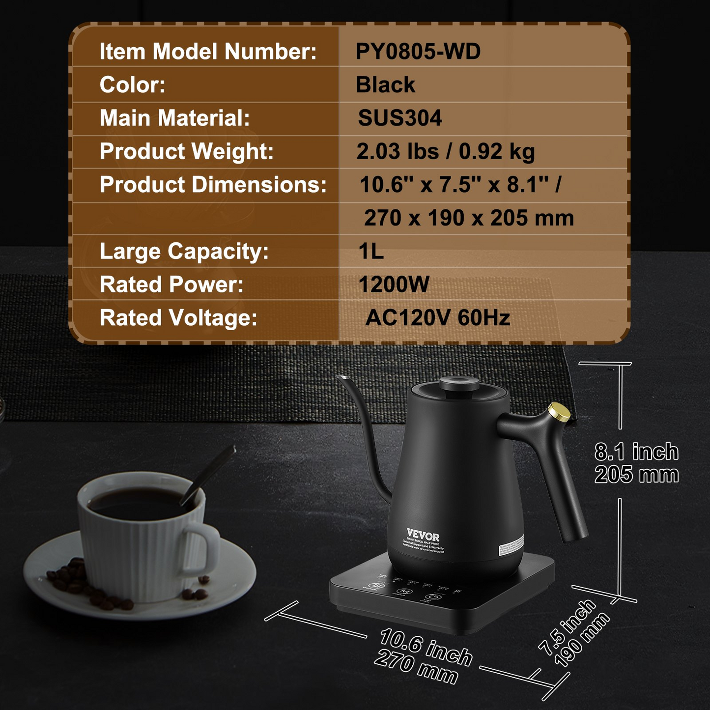 VEVOR Electric Gooseneck Kettle 1L, Temperature Control Pour Over Coffee Kettle with 5 Variable Presets, 304 Food Grade Stainless Steel Hot Water Tea Boiler & Boil-Dry Protection, Keep Warm, 1200W