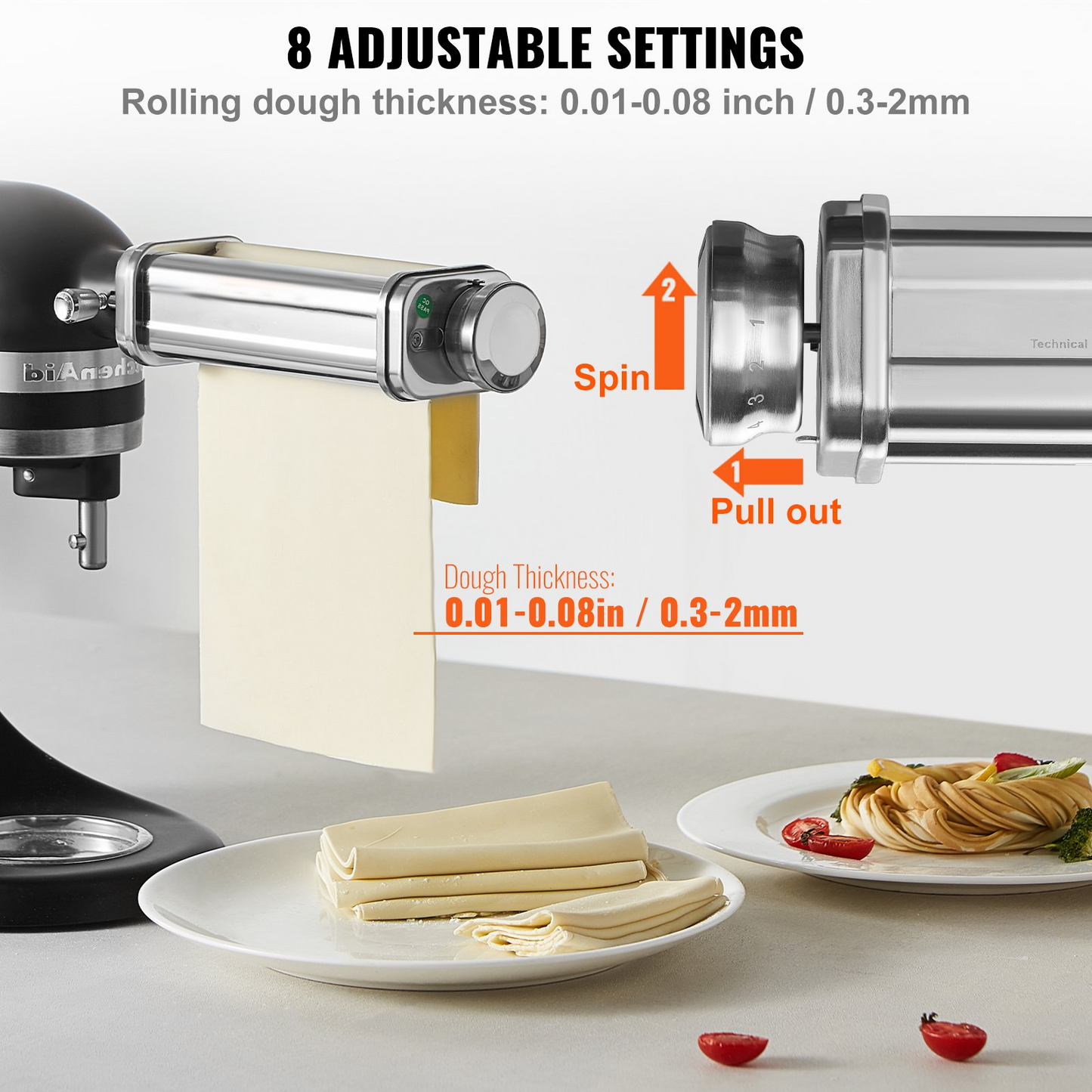 VEVOR Pasta Attachment for KitchenAid Stand Mixer, Stainless Steel Pasta Roller Cutter Set Including Pasta Sheet Roller, Spaghetti and Fettuccine Cutter, 8 Adjustable Thickness Knob Pasta Maker, 3Pcs