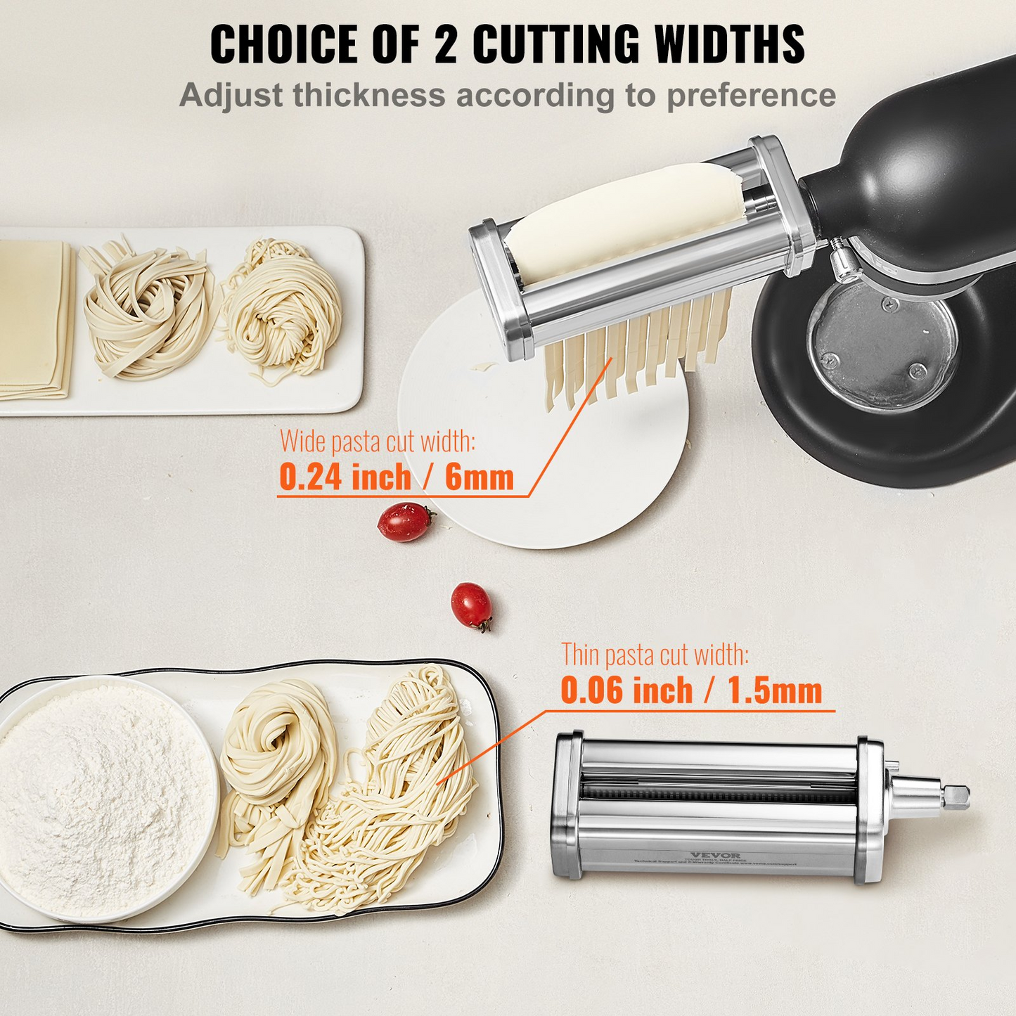 VEVOR Pasta Attachment for KitchenAid Stand Mixer, Stainless Steel Pasta Roller Cutter Set Including Pasta Sheet Roller, Spaghetti and Fettuccine Cutter, 8 Adjustable Thickness Knob Pasta Maker, 3Pcs