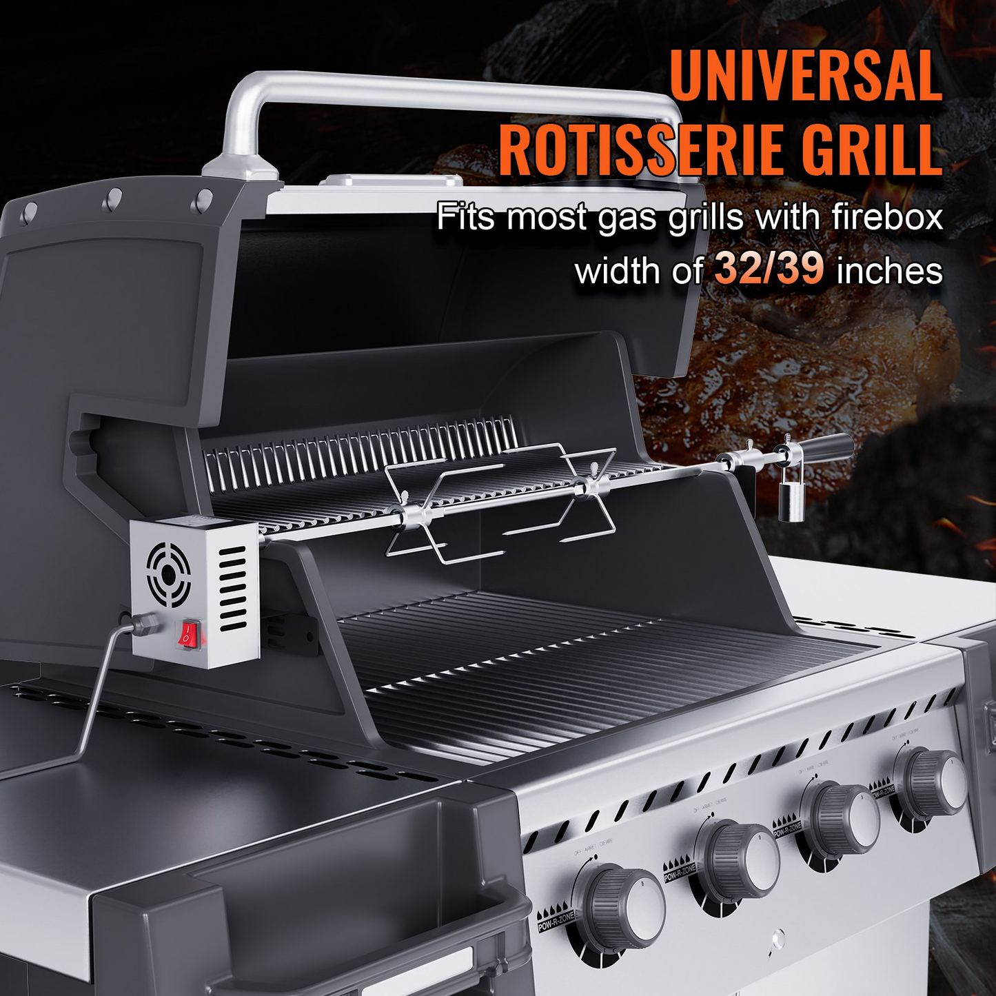 VEVOR Universal Grill Rotisserie Kit for Grills, Electric BBQ Grill with 110V 9W Motor, Stainless Steel Automatic Grilling Kit, Heavy Duty 32"/39" Hexagon Spit Rod, 26 lbs Capacity Grill Attachment