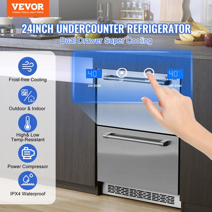 VEVOR 24" Undercounter Refrigerator, 2 Drawer Built-in Beverage Refrigerator with Touch Panel, 5.12 Cu.ft. Capacity, Waterproof Indoor and Outdoor Under Counter Fridge for Home and Commercial Use