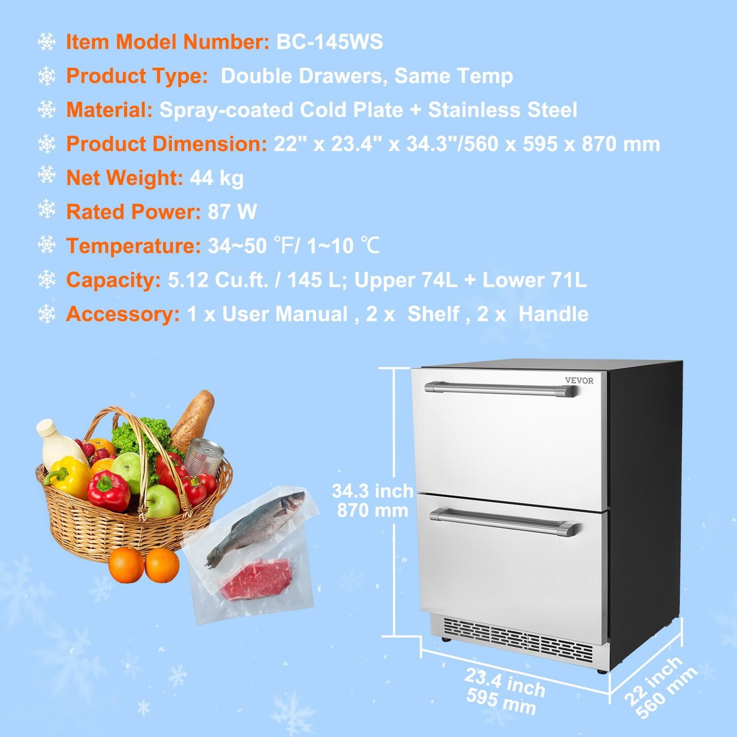 VEVOR 24" Undercounter Refrigerator, 2 Drawer Built-in Beverage Refrigerator with Touch Panel, 5.12 Cu.ft. Capacity, Waterproof Indoor and Outdoor Under Counter Fridge for Home and Commercial Use