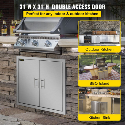 VEVOR 31 Inch BBQ Access Door 304 Stainless Steel BBQ Island 31W x 31H Inchs Double Door with Paper Towel Holder for Outdoor Kitchen