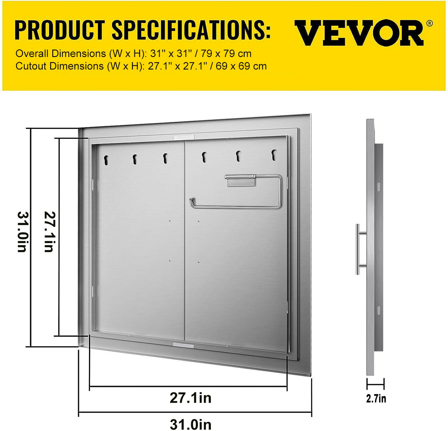 VEVOR 31 Inch BBQ Access Door 304 Stainless Steel BBQ Island 31W x 31H Inchs Double Door with Paper Towel Holder for Outdoor Kitchen