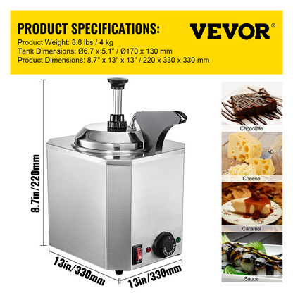 VEVOR Cheese Dispenser with Pump, 2.6 Qt Capacity Cheese Warmer, Stainless Steel Hot Fudge Warmer with Pump 650W Cheese Dispenser, 30-110℃ Temp Adjustable, for Hot Fudge Cheese Caramel