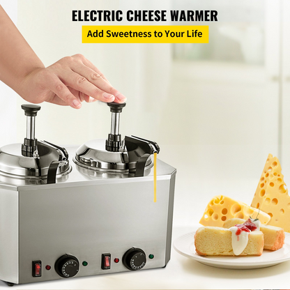 VEVOR Cheese Warmer with Pump, 5.28 Qt Capacity Cheese Dispenser Hot Fudge Warmer, Dual Head Spout Heater 1300 W Cheese Warmer Dispenser, 30-110℃ Temp Adjustable 110 V Heated Pump Dispenser