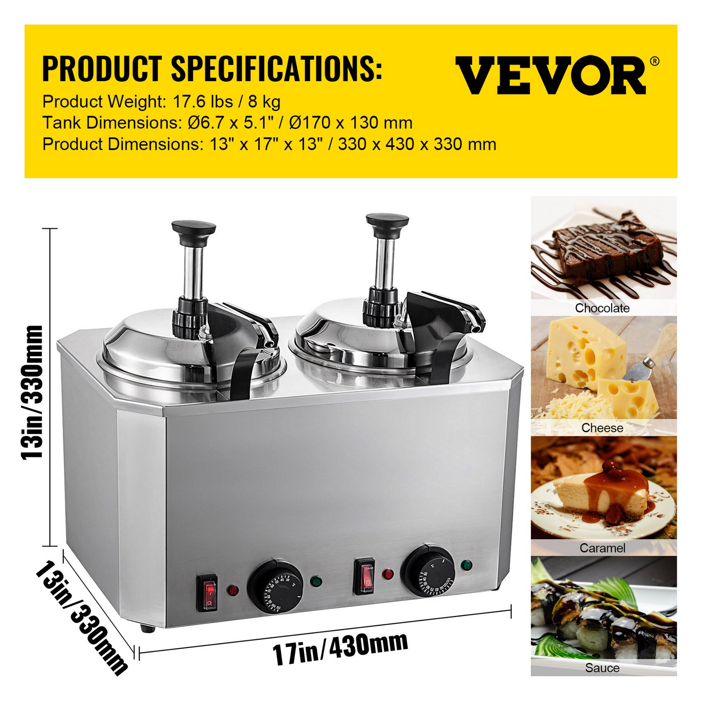 VEVOR Cheese Warmer with Pump, 5.28 Qt Capacity Cheese Dispenser Hot Fudge Warmer, Dual Head Spout Heater 1300 W Cheese Warmer Dispenser, 30-110℃ Temp Adjustable 110 V Heated Pump Dispenser