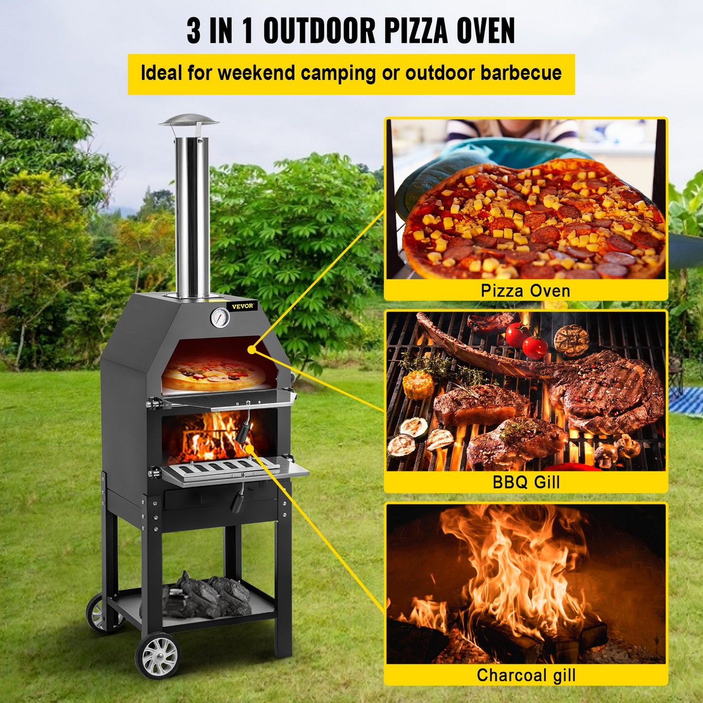 VEVOR Outdoor Pizza Oven, 12" Wood Fire Oven, 2-Layer Pizza Oven Wood Fired, Wood Burning Outdoor Pizza Oven with 2 Removable Wheels, 700℉ Max Temperature Wood Fired Pizza Maker Ovens for Barbecue