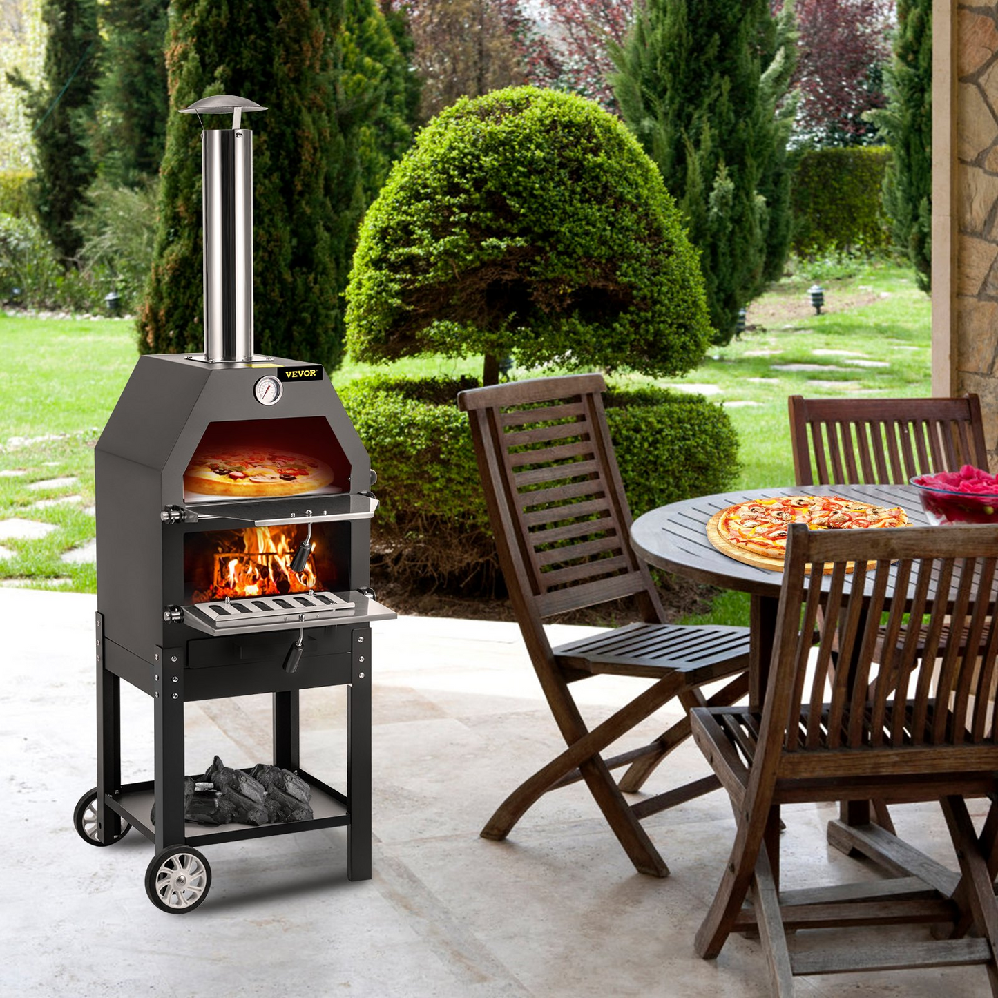 VEVOR Outdoor Pizza Oven, 12" Wood Fire Oven, 2-Layer Pizza Oven Wood Fired, Wood Burning Outdoor Pizza Oven with 2 Removable Wheels, 700℉ Max Temperature Wood Fired Pizza Maker Ovens for Barbecue