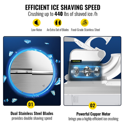 VEVOR 110V Commercial Ice Crusher 440LBS/H, ETL Approved 300W Electric Snow Cone Machine with Dual Blades, Stainless Steel Shaved Ice Machine with Safety On/Off Switch for Family, Restaurants, Bars