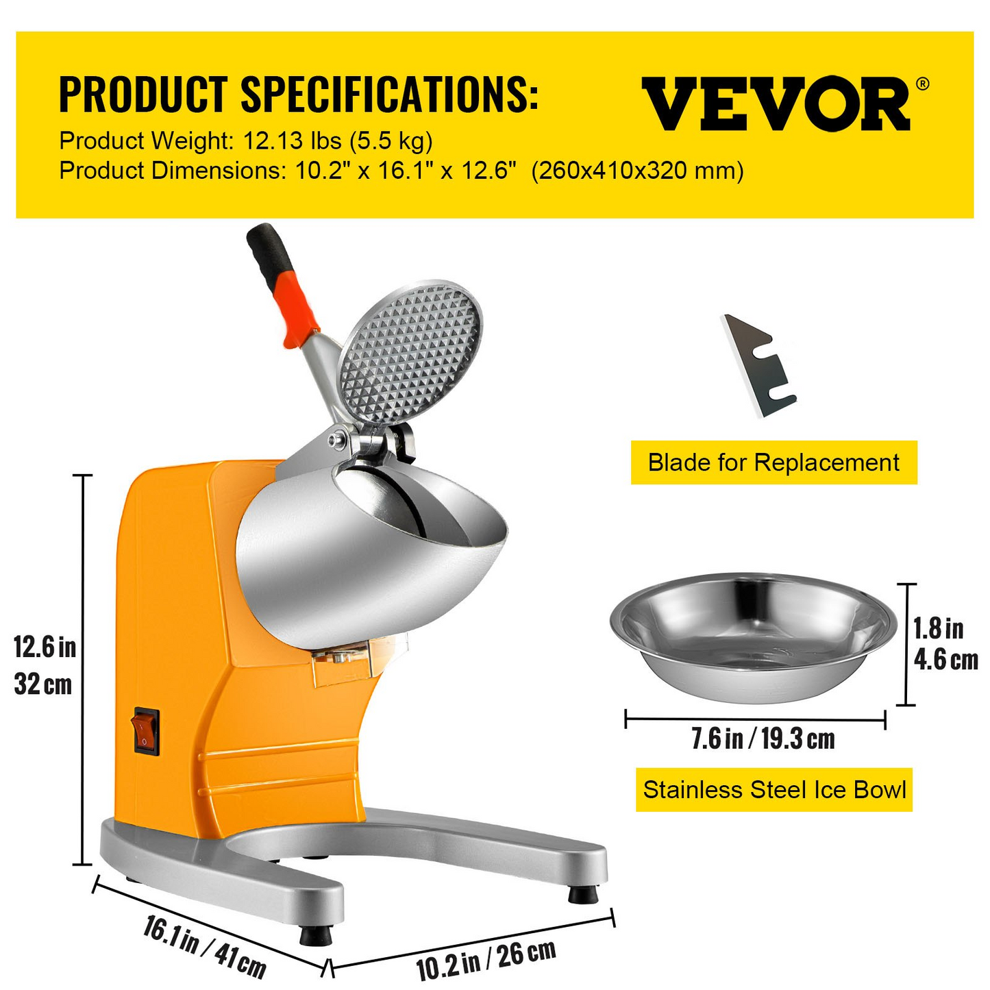 VEVOR 110V Electric Ice Shaver Crusher,300W 1450 RPM Snow Cone Maker Machine with Dual Stainless Steel Blades 210LB/H, Shaved Ice Machine with Ice Plate & Additional Blade for Home and Commercial Use