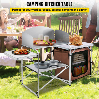 Camping Kitchen Table Picnic Cabinet Folding Cooking Storage Rack Portable Brown