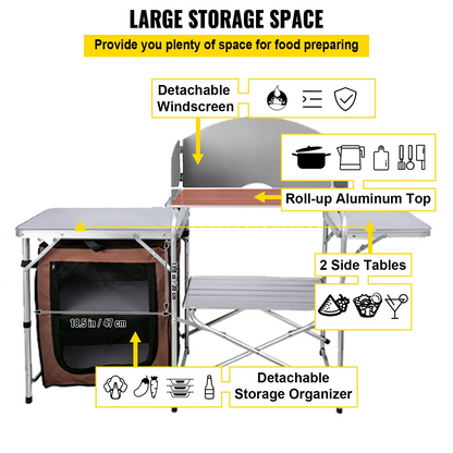 Camping Kitchen Table Picnic Cabinet Folding Cooking Storage Rack Portable Brown