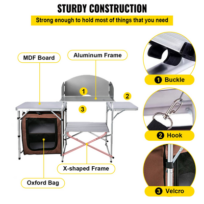 Camping Kitchen Table Picnic Cabinet Folding Cooking Storage Rack Portable Brown