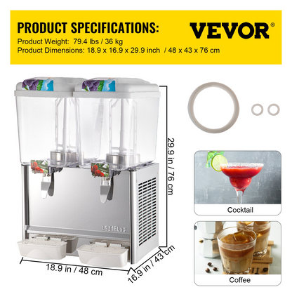 VEVOR 110V Commercial Beverage Dispenser,9.5 Gallon 36L 2 Tanks Juice Dispenser Commercial,18 Liter Per Tank 300W Stainless Steel Food Grade Material Ice Tea Drink Dispenser Equipped with Thermostat Controller