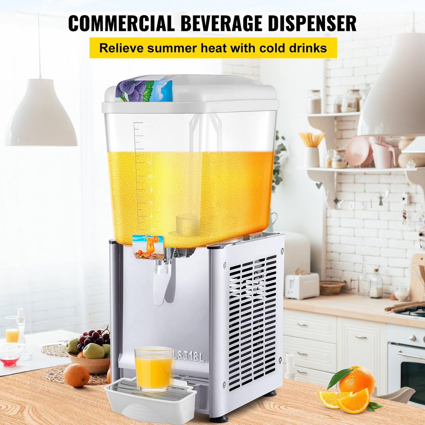 VEVOR Commercial Beverage Dispenser, 4.8 Gallon 1 Tank Cold Beverage Dispenser, 200W Food Grade Material Stainless Steel Commercial Juice Dispenser With Thermostat Controller for Cold Drink