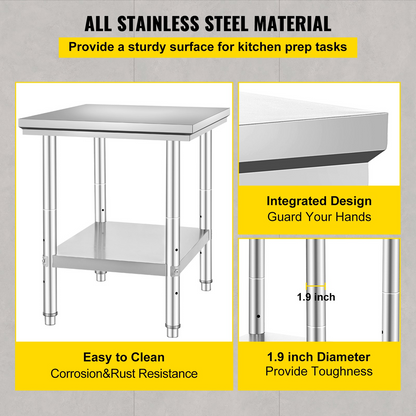 VEVOR Commercial Worktable & Workstation 24 x 30 x 32 Inch Stainless Steel Work Table Heavy Duty Commercial Food Prep Work Table for Home, Kitchen, Restaurant Metal Prep Table with Adjustable Feet