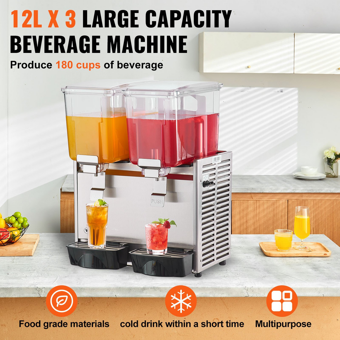 VEVOR Commercial Beverage Dispenser, 13.6 Qt 12L 3 Tanks Ice Tea Drink Machine, 620W 304 Stainless Steel Juice Dispenser with 41℉-53.6℉ Thermostat Controller, for Cold Drink Restaurant Hotel Party