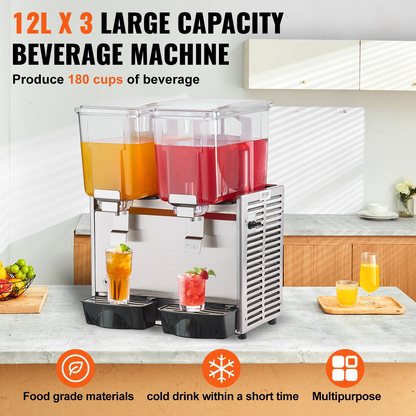 VEVOR Commercial Beverage Dispenser, 13.6 Qt 12L 3 Tanks Ice Tea Drink Machine, 620W 304 Stainless Steel Juice Dispenser with 41℉-53.6℉ Thermostat Controller, for Cold Drink Restaurant Hotel Party