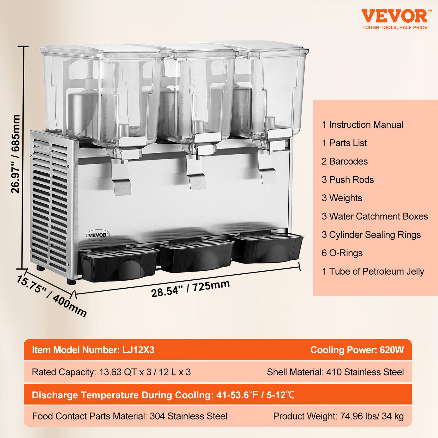 VEVOR Commercial Beverage Dispenser, 13.6 Qt 12L 3 Tanks Ice Tea Drink Machine, 620W 304 Stainless Steel Juice Dispenser with 41℉-53.6℉ Thermostat Controller, for Cold Drink Restaurant Hotel Party