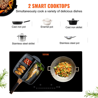 VEVOR Electric Cooktop, 2 Burners, 24'' Induction Stove Top, Built-in Magnetic Cooktop 1800W, 9 Heating Level Multifunctional Burner, LED Touch Screen w/ Child Lock & Over-Temperature Protection