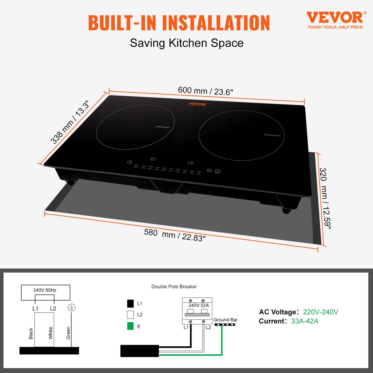 VEVOR Electric Cooktop, 2 Burners, 24'' Induction Stove Top, Built-in Magnetic Cooktop 1800W, 9 Heating Level Multifunctional Burner, LED Touch Screen w/ Child Lock & Over-Temperature Protection