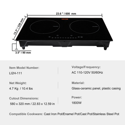 VEVOR Electric Cooktop, 2 Burners, 24'' Induction Stove Top, Built-in Magnetic Cooktop 1800W, 9 Heating Level Multifunctional Burner, LED Touch Screen w/ Child Lock & Over-Temperature Protection