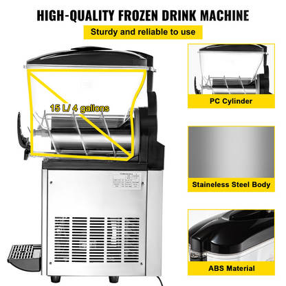 VEVOR Commercial Margarita Machine, 1Tank 15L Commercial Slushy Machine, Stainless Steel Smoothie Frozen Drink Maker, 500W 110V for Supermarkets Cafes Restaurants Bars Home Use