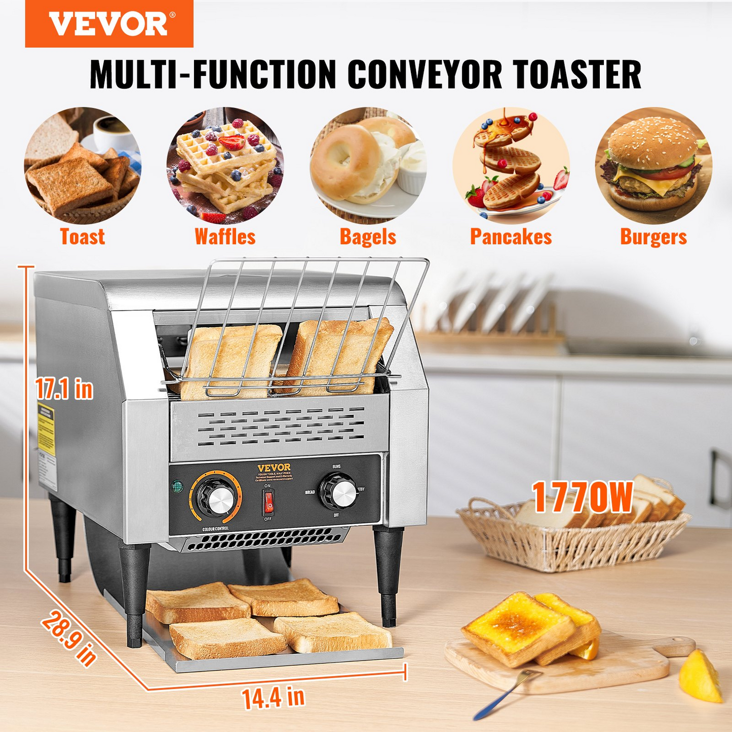 VEVOR Commercial Conveyor Toaster, 300 Slices/Hour Conveyor Belt Toaster, Heavy Duty Stainless Steel Commercial Toaster Oven, Electric  Restaurant Commercial Toaster for Toast Bun, Bagel, Bread