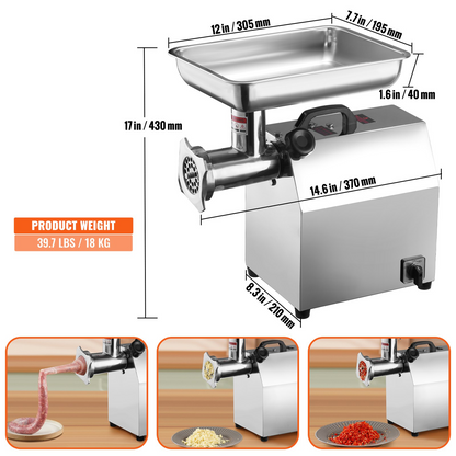 VEVOR Electric Meat Grinder, 8.3 Lb/Min, 650W（3800W MAX) Industrial Meat Mincer with 2 Blade, 3 Grinding Plates, Sausage Kit 304 Stainless Steel Commercial Meat Grinder, ETL Listed