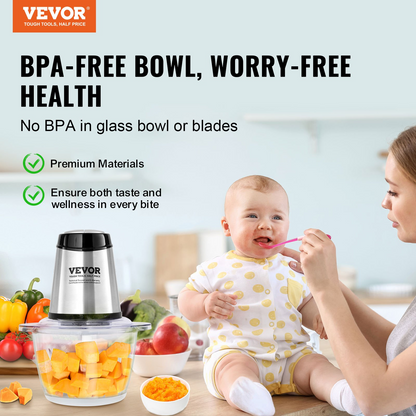 VEVOR Food Processor, Electric Meat Grinder with 4 Stainless Steel Blades, 400W Electric Food Chopper, 5 Cup Glass Bowl, 2 Speeds Food Grinder for Baby Food, Meat, Onion, Vegetables