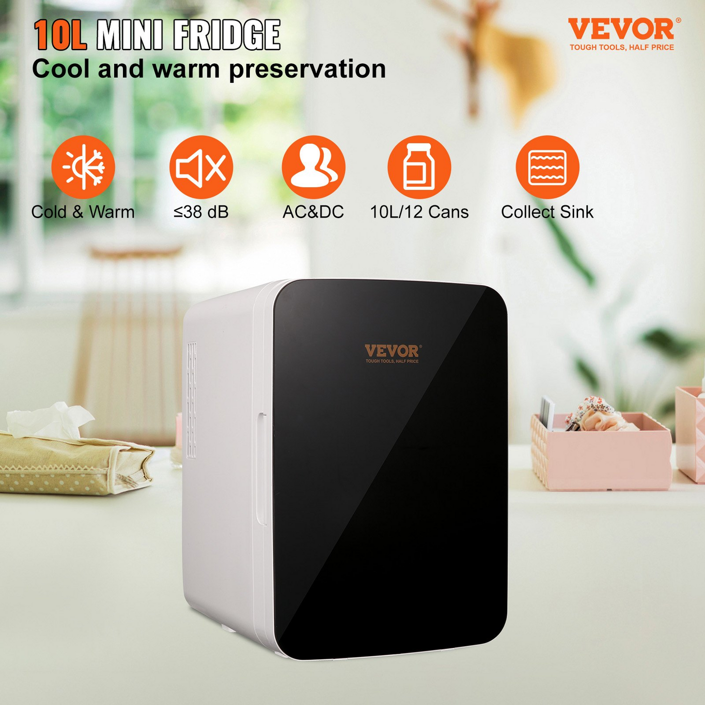 Vevor Mini Fridge for Bedroom, 10 Liter/12 Can Portable Fridges, Luxury Small Beverage Refrigerator for Skincare Food Breast Milk Chill, AC/DC Cooler Warmer for Office Dorm Car, Black