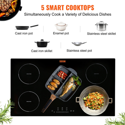 VEVOR Electric Cooktop, 5 Burners, 36'' Induction Stove Top, Built-in Magnetic Cooktop 9200W, 9 Heating Level Multifunctional Burner, LED Touch Screen w/ Child Lock & Over-Temperature Protection