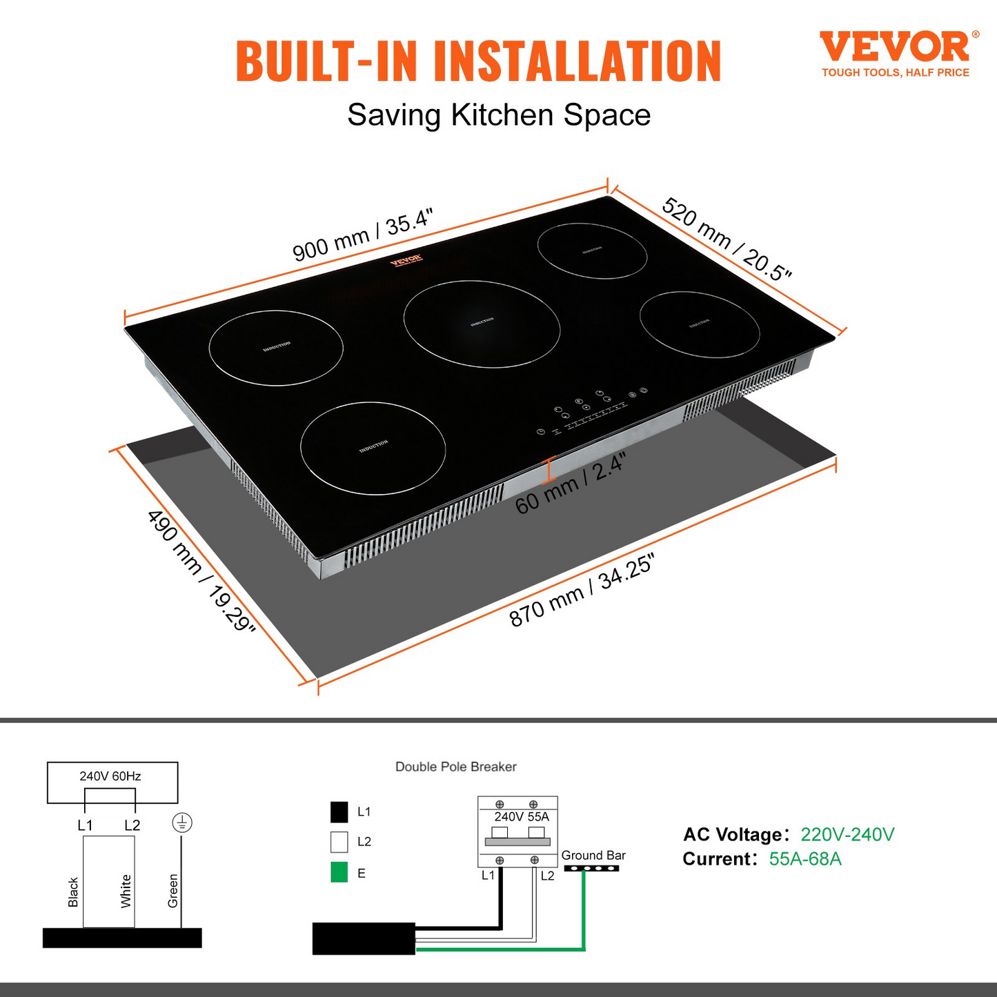 VEVOR Electric Cooktop, 5 Burners, 36'' Induction Stove Top, Built-in Magnetic Cooktop 9200W, 9 Heating Level Multifunctional Burner, LED Touch Screen w/ Child Lock & Over-Temperature Protection