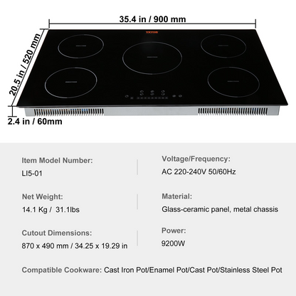 VEVOR Electric Cooktop, 5 Burners, 36'' Induction Stove Top, Built-in Magnetic Cooktop 9200W, 9 Heating Level Multifunctional Burner, LED Touch Screen w/ Child Lock & Over-Temperature Protection