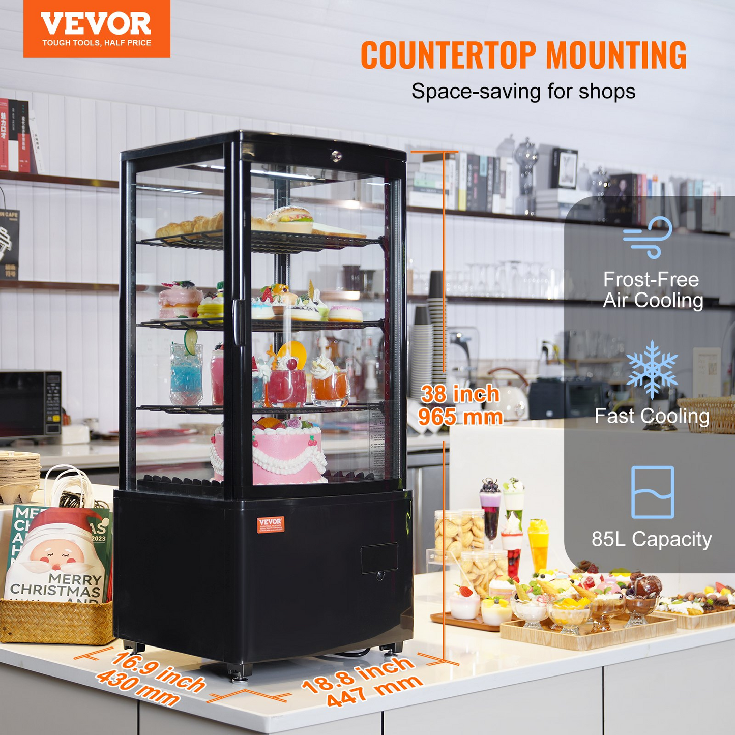 VEVOR Refrigerated Display Case, 3 Cu.Ft./85L Countertop Pastry Display Case, 3-Tier Commercial Display Refrigerator with LED Lighting, TURBO Cooling, Frost-Free Air-Cooling, Locked Door for Bakery