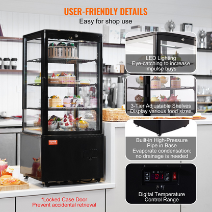 VEVOR Refrigerated Display Case, 3 Cu.Ft./85L Countertop Pastry Display Case, 3-Tier Commercial Display Refrigerator with LED Lighting, TURBO Cooling, Frost-Free Air-Cooling, Locked Door for Bakery