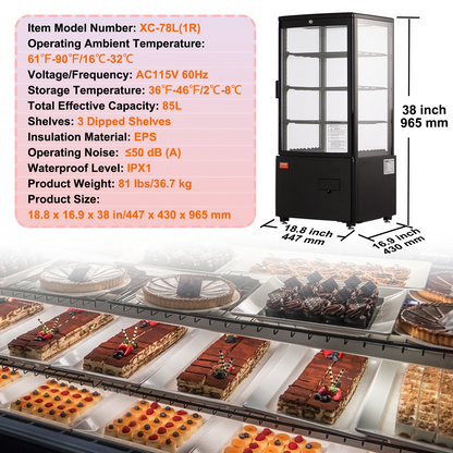 VEVOR Refrigerated Display Case, 3 Cu.Ft./85L Countertop Pastry Display Case, 3-Tier Commercial Display Refrigerator with LED Lighting, TURBO Cooling, Frost-Free Air-Cooling, Locked Door for Bakery